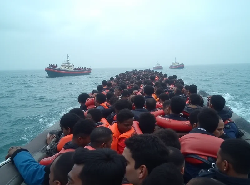 A crowded migrant boat approaching the shore of Lampedusa, with Italian Coast Guard vessels nearby.