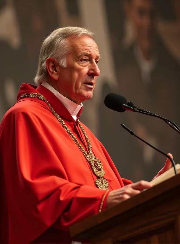 Cardinal Feroci speaking at a podium during a conference about the Pope's leadership.