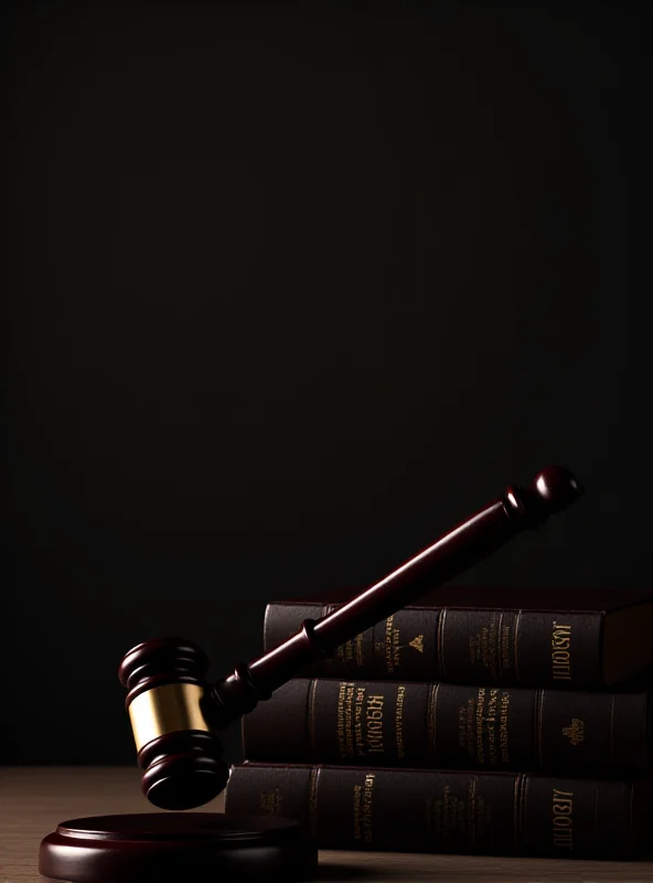 A gavel resting on a stack of law books in a dimly lit courtroom, symbolizing justice and the legal system.