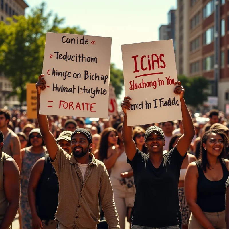 A diverse group of people holding signs advocating for human rights, equality, and justice during a peaceful protest.