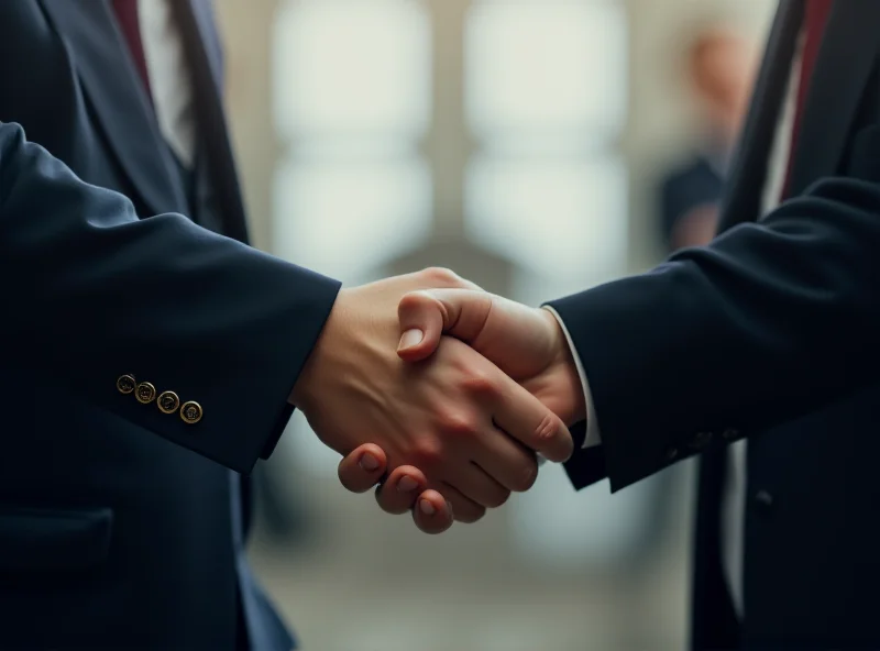 A politician shaking hands with another, suggesting a political deal.