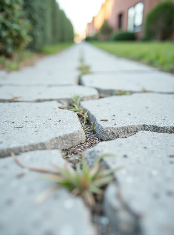 A cracked and damaged sidewalk in an urban area.