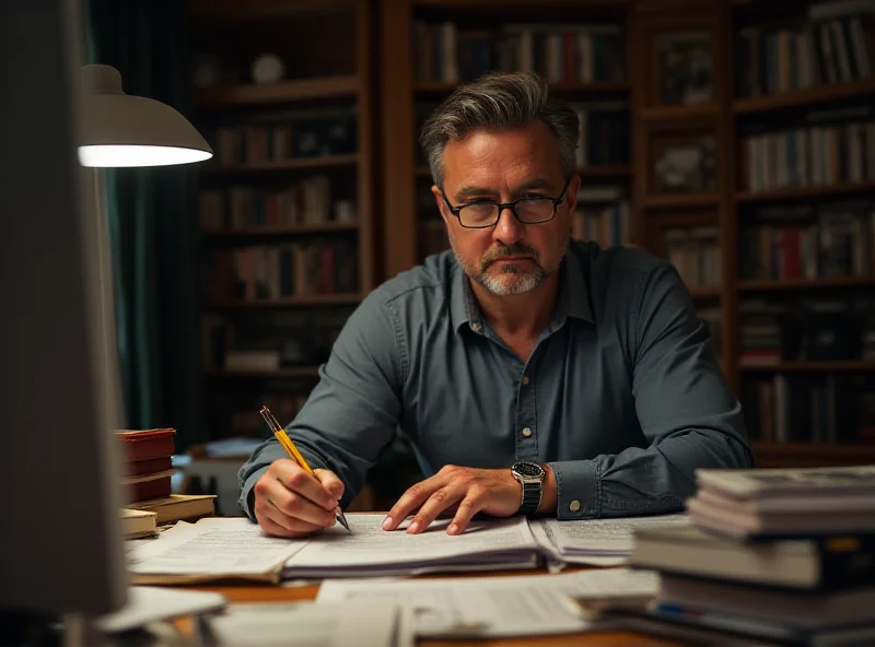 A journalist working at a desk with a serious expression, symbolizing critical journalism.