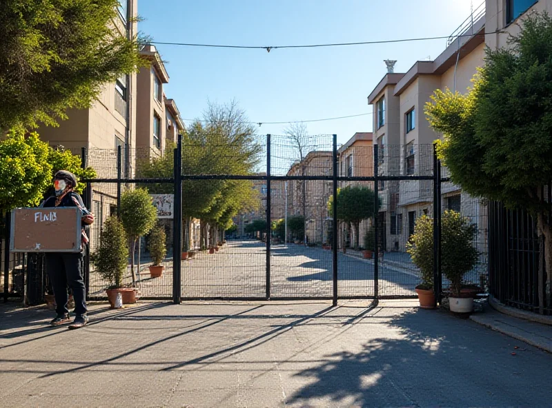 A photograph of a closed sports facility in Seville, Spain, surrounded by residential buildings. The facility appears modern, but a locked gate is visible. Residents are gathered nearby, some holding signs in protest.