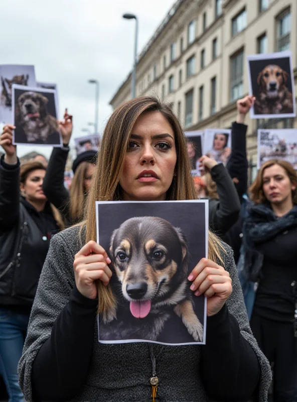 A group of protestors in Serbia holding signs and banners. Some are holding pictures of the dog Dona. The atmosphere is charged with emotion and determination.