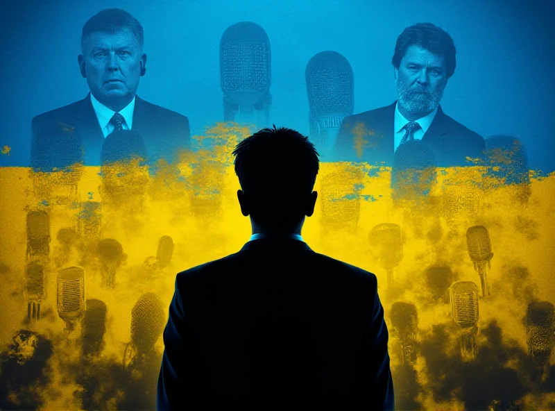 A stylized graphic representing the Ukrainian flag with a silhouette of President Zelensky in the center. The background has subtle imagery representing microphones and news headlines.