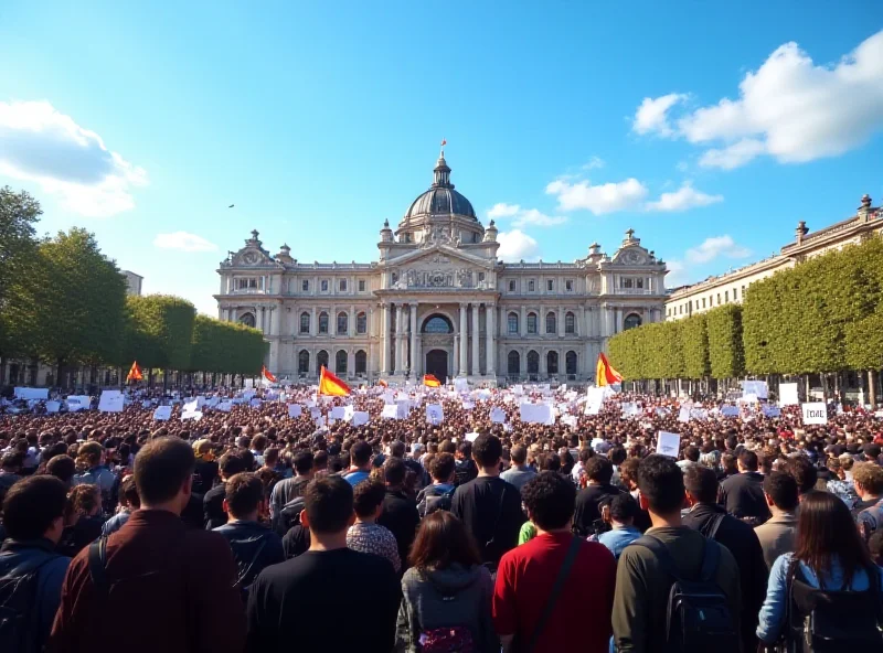 Image of the Spanish Parliament with protestors outside.