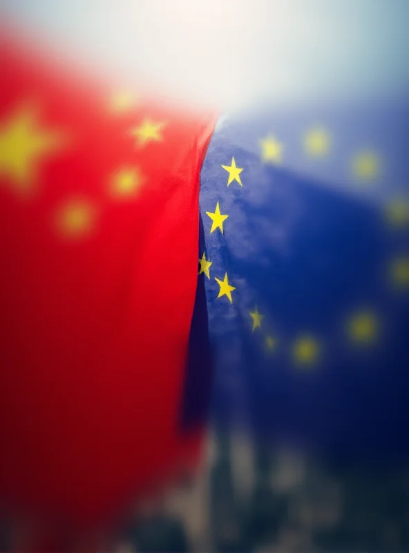 Image of the Chinese flag with the European Union flag in the background.