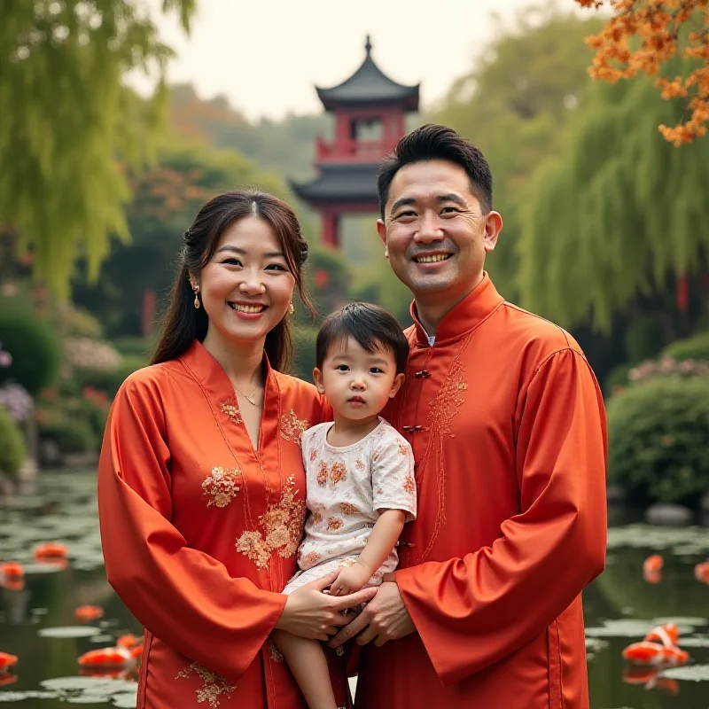 Image of Chinese family with a traditional background.