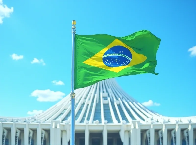 Brazilian flag waving in front of the National Congress building in Brasilia.