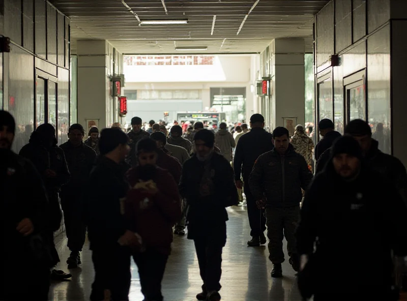 Exterior shot of the Kabul airport, showing security measures and crowds of people.