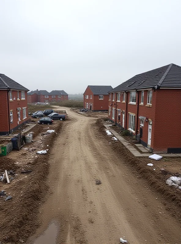 A construction site with half-built houses in Wigan, England, symbolizing stalled housing development and bureaucratic challenges.