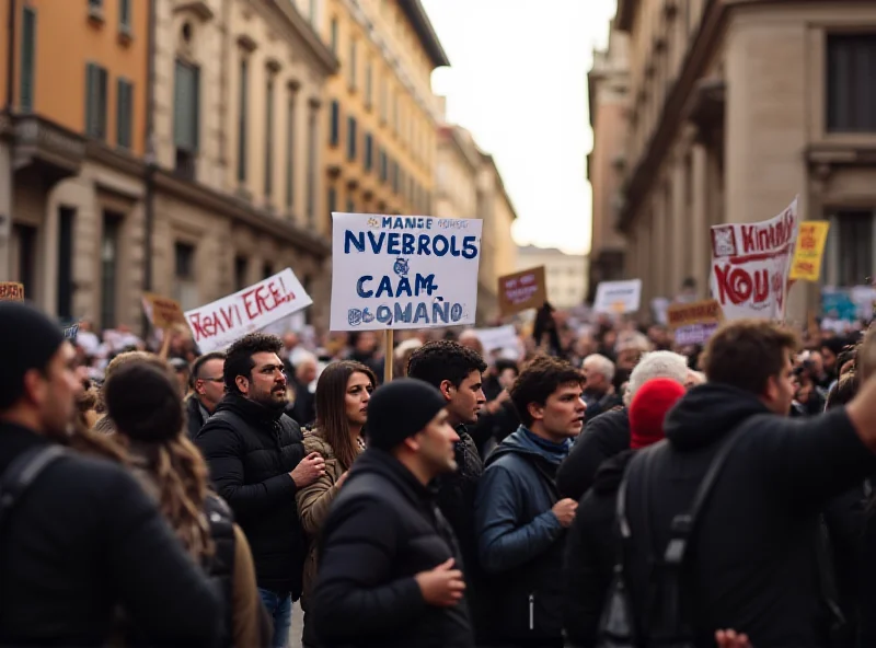 Crowded street in Rome with people holding signs protesting evictions and the Caivano decree.