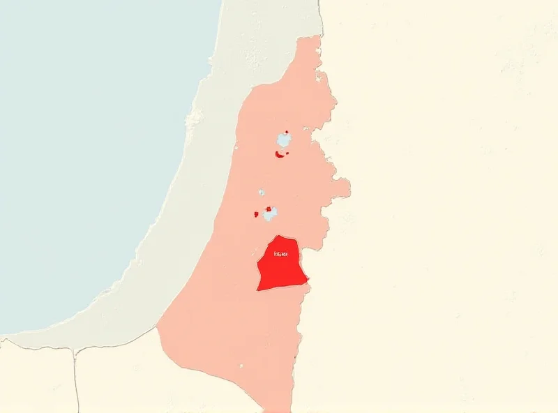 Illustration of a stylized map of the Middle East, with Israel and Gaza highlighted in red.