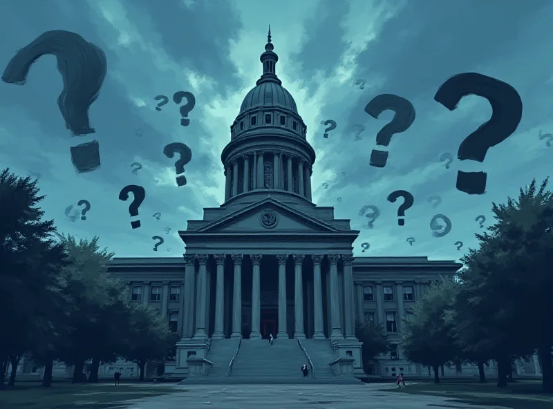 Illustration of city hall building with question marks swirling around it, symbolizing uncertainty and debate.