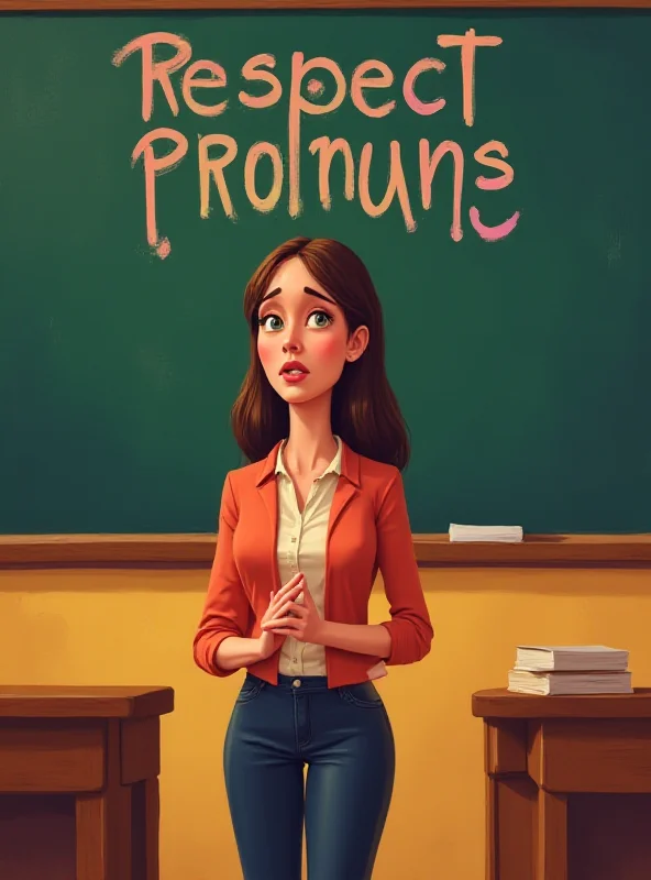 Illustration of a teacher standing in front of a classroom, looking concerned, with the words 'Respect Pronouns' written on the chalkboard.