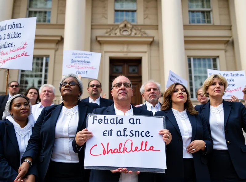 An image depicting a group of magistrates protesting outside a courthouse.