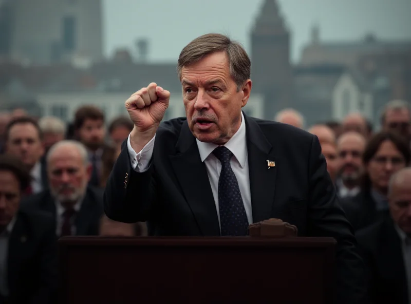 A stern-looking politician addressing a crowd with a raised fist.