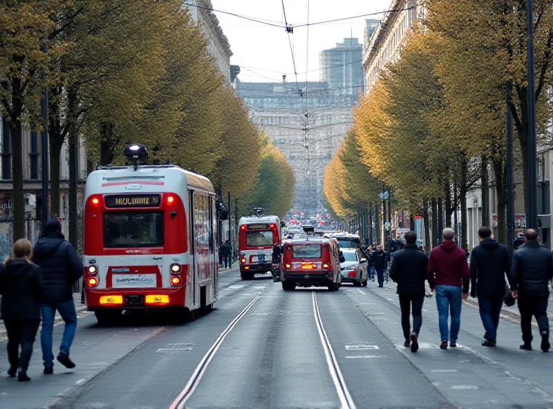 A busy city street scene with ambulances in the background.