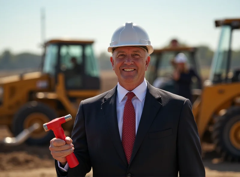 A mayor holding a hammer in front of a construction site.