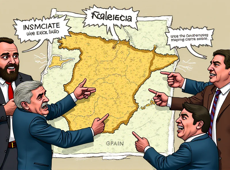 Illustration of political leaders arguing over a map of Valencia, Spain.