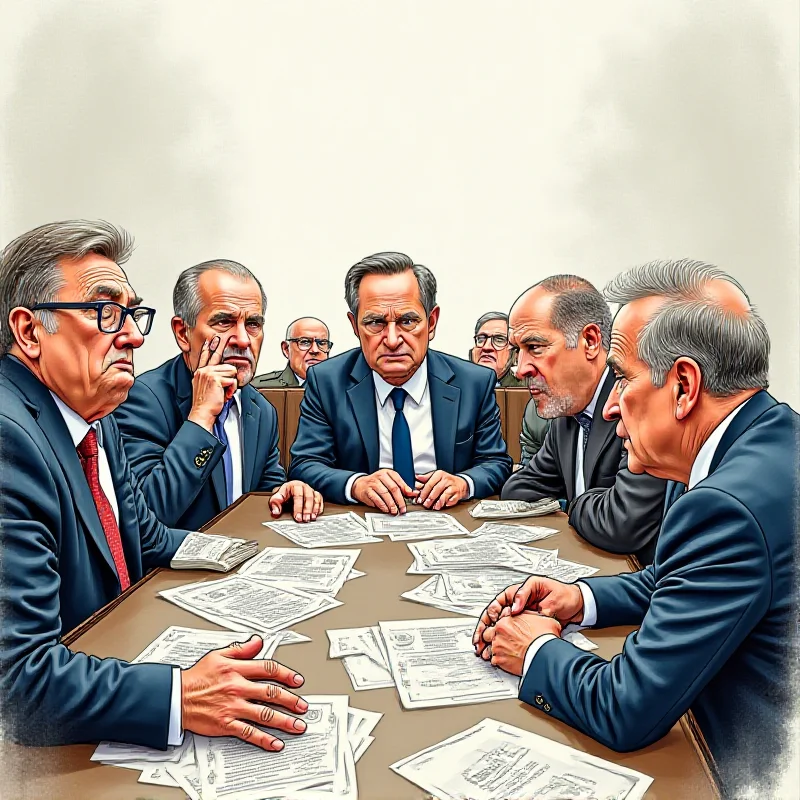 A political cartoon depicting various European leaders discussing military spending and defense strategies.