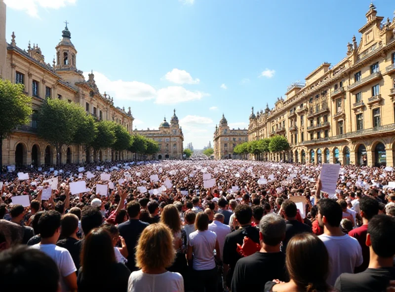 A large protest in Valencia, Spain with people holding signs