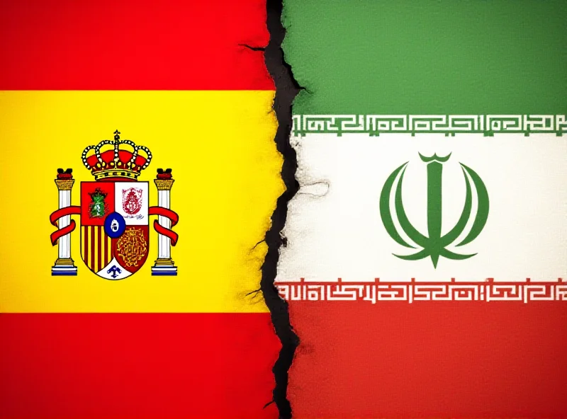 A split image showing the flags of Spain and Iran, with a subtle crack running down the middle, symbolizing the tensions and challenges both countries face.