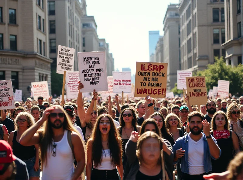 A crowd of protesters holding signs and banners during a demonstration.