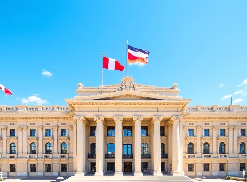 The Valencian Parliament building with flags waving in the wind.