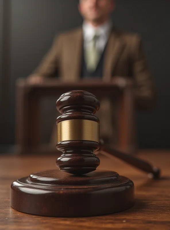 A gavel hitting a sound block in a courtroom setting, symbolizing justice and transparency.