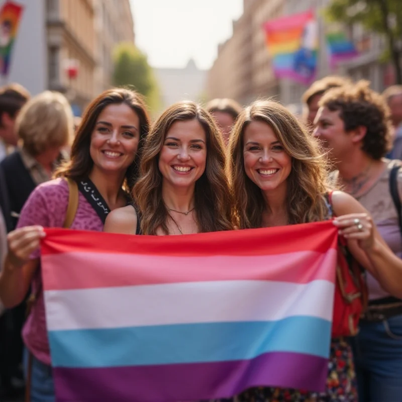 A group of people holding a transgender pride flag at a rally, showing support and solidarity.