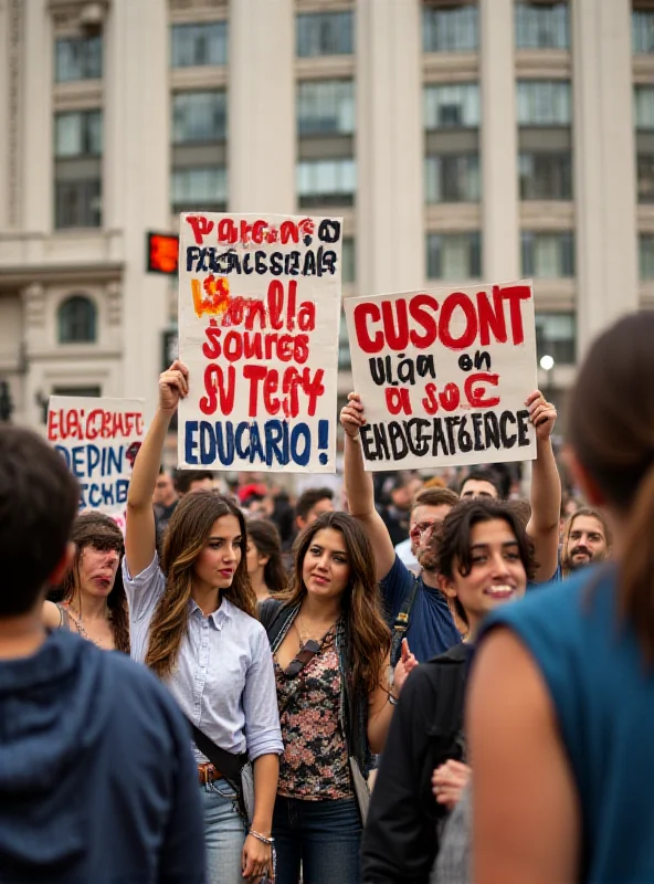 A group of students protesting with banners and signs outside a government building