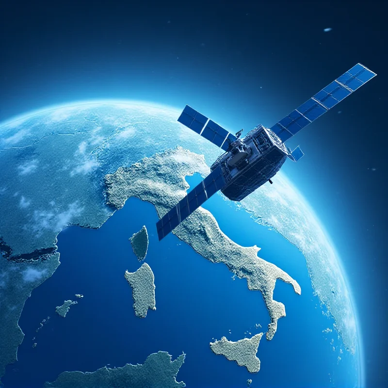 A stylized representation of a satellite in orbit above the Earth, with the Earth's surface showing Italy and surrounding countries