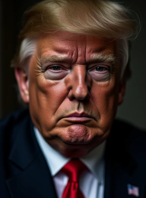 A close-up portrait of Donald Trump, looking directly at the camera with a serious expression