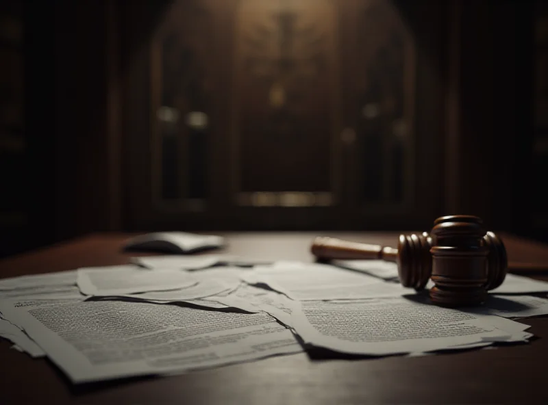 A courtroom scene with legal documents scattered on a table, suggesting corruption and legal proceedings.