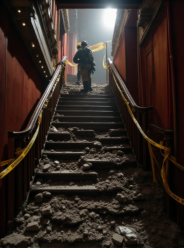 An image of a damaged staircase inside a theater, with caution tape and emergency personnel present.