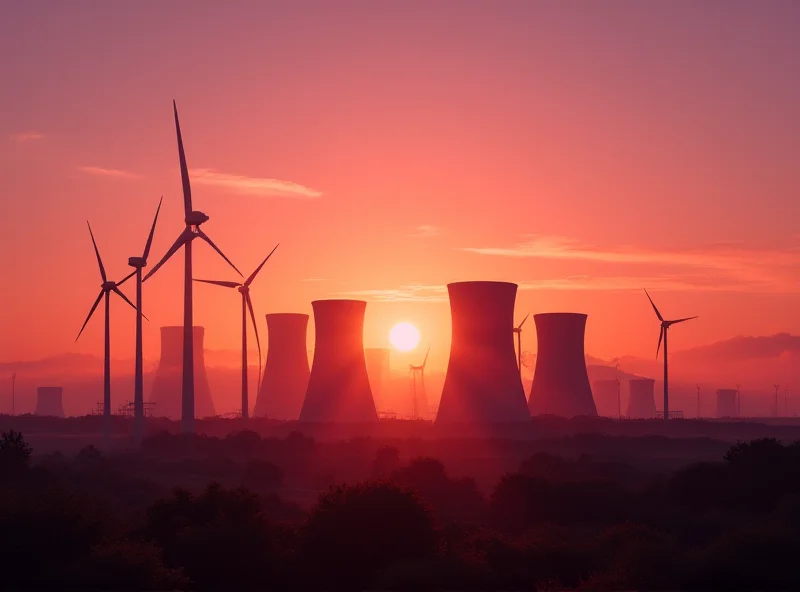 Image depicting a nuclear power plant at sunset, with wind turbines in the background, symbolizing the debate over nuclear versus renewable energy sources.