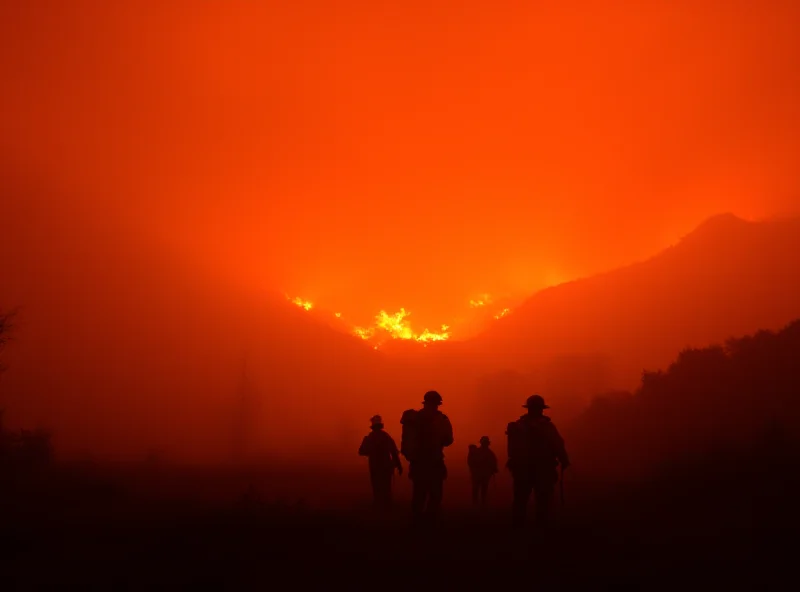 A dramatic image of a wildfire raging in the hills of Los Angeles, with firefighters battling the flames.