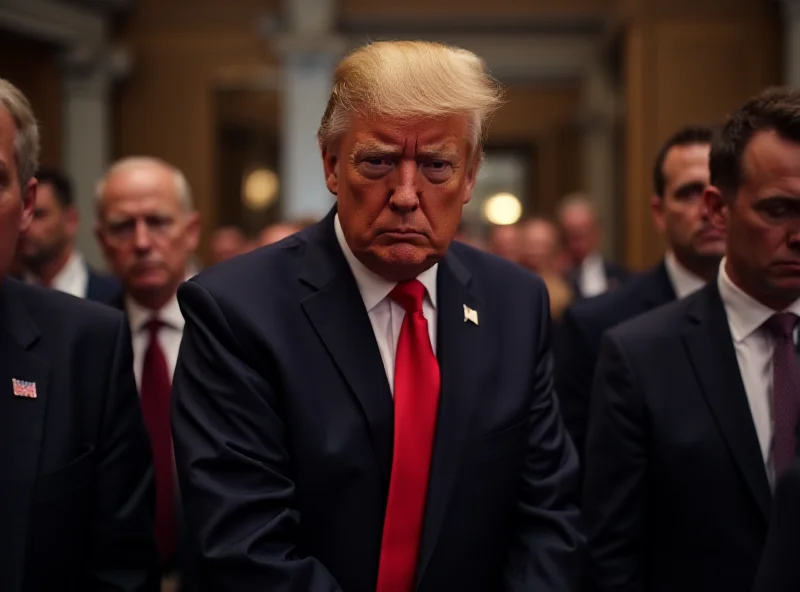 Robert Fico looking slightly frustrated at a political event with Donald Trump in the background, surrounded by security.