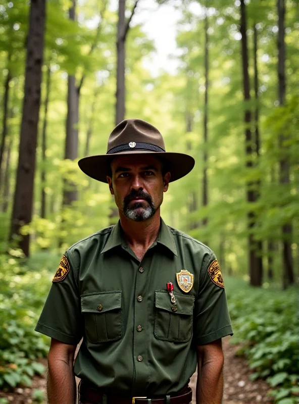 A ranger standing in front of a majestic forest scene in a national park with a concerned expression.