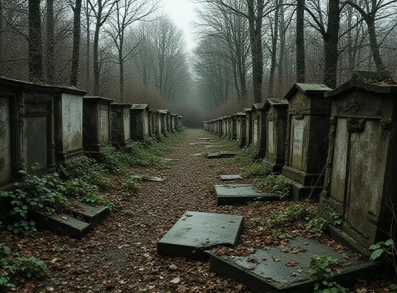 A dilapidated and overgrown cemetery with broken tombstones and evidence of recent habitation by homeless individuals.