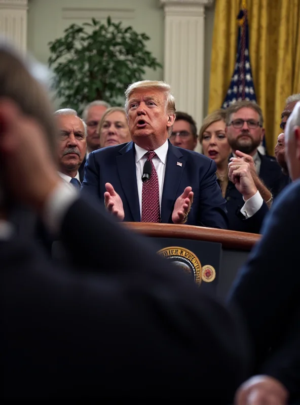 Donald Trump addressing the press in the White House briefing room, with a crowd of reporters holding microphones.