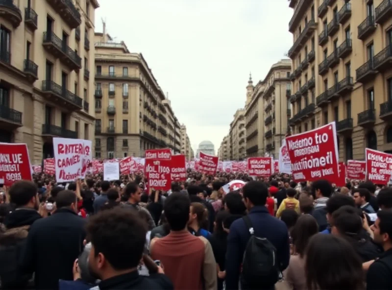 A large crowd of protesters in Valencia holding signs and banners.