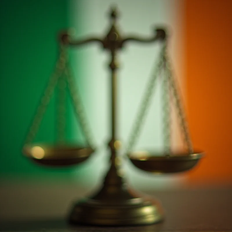 Scales of justice with an Irish flag in the background