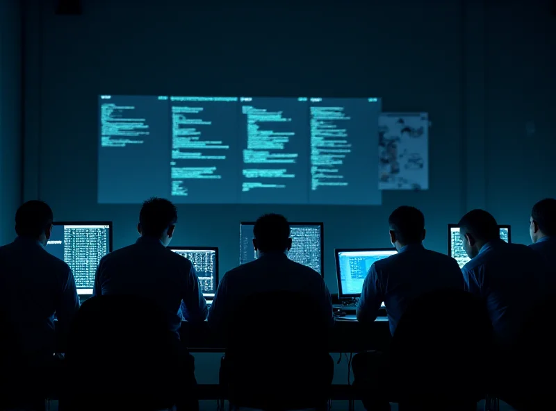 Police officers working at computers in a dark room.