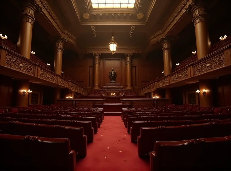 Image of a parliament building interior, showing empty seats and a speaker's podium