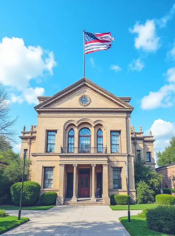 Image of a city hall building with flags waving in front