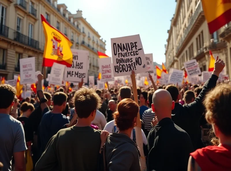 Protestors holding signs and banners during a demonstration in Spain.