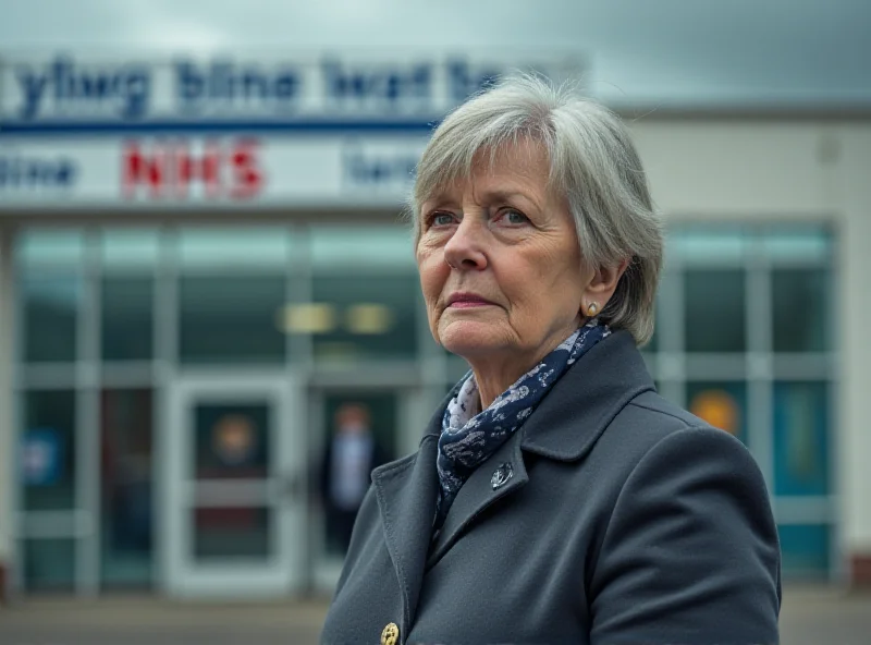 A woman stands in front of a blurred NHS hospital, looking contemplative.